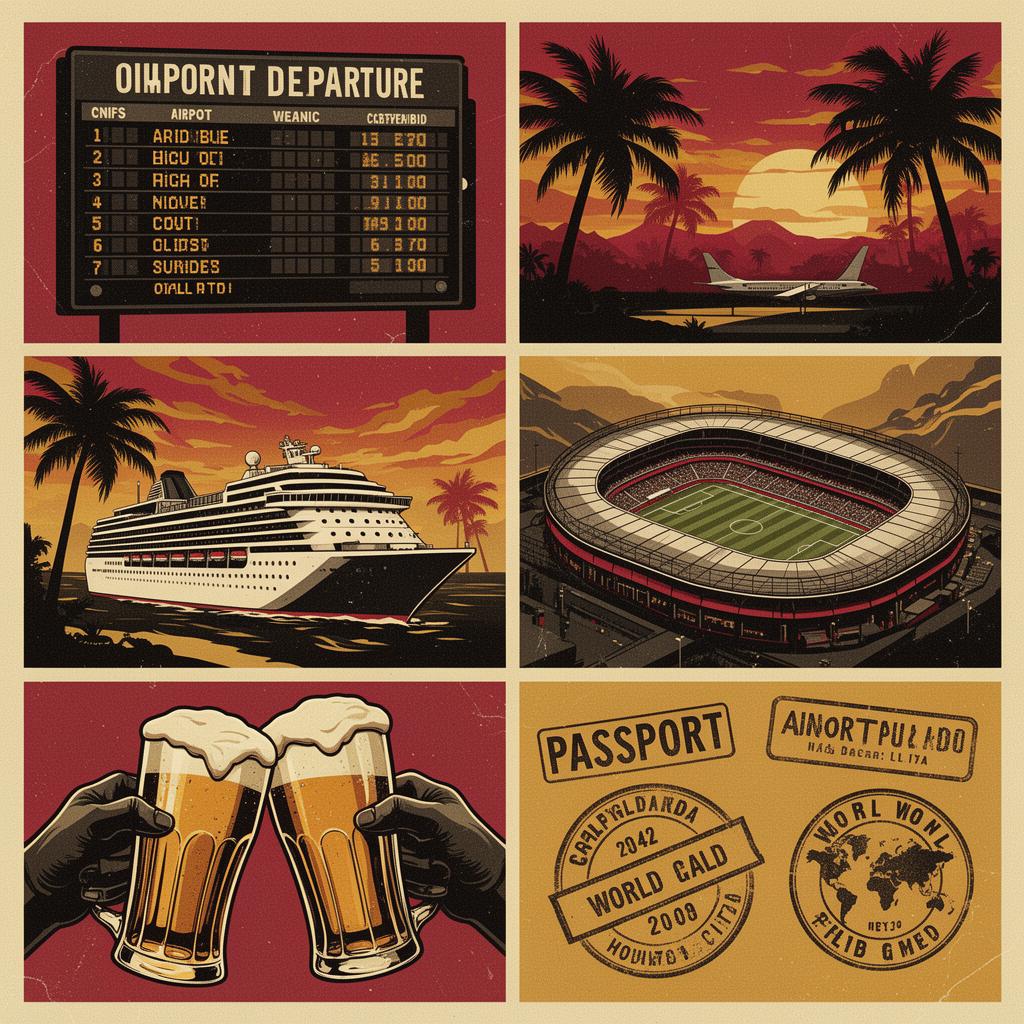 Travel poster collage of airport, cruise, stadium and pints